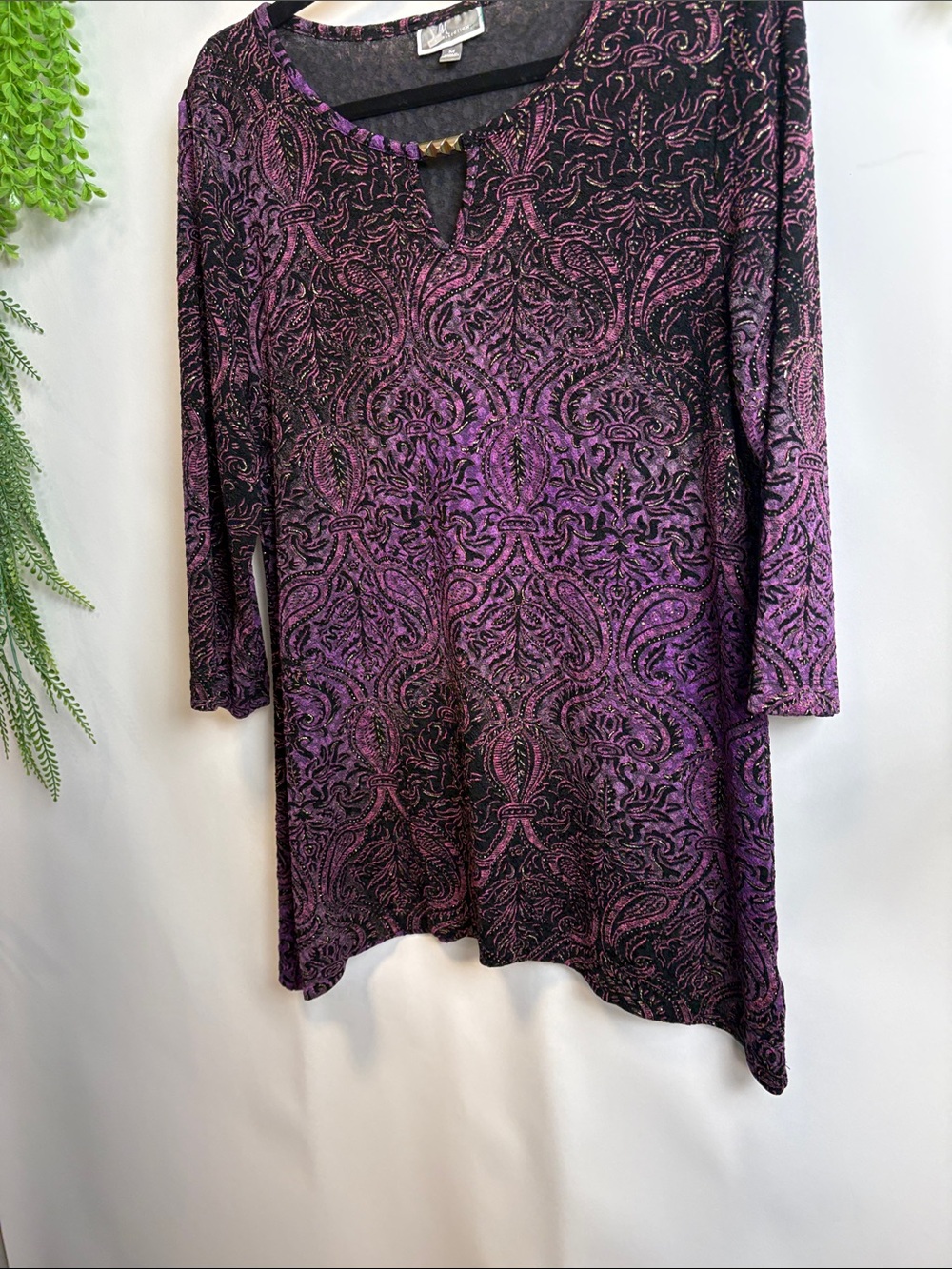 JM Collection Purple Paisley Keyhole Tunic Top with Black Accents - Picture 9 of 9